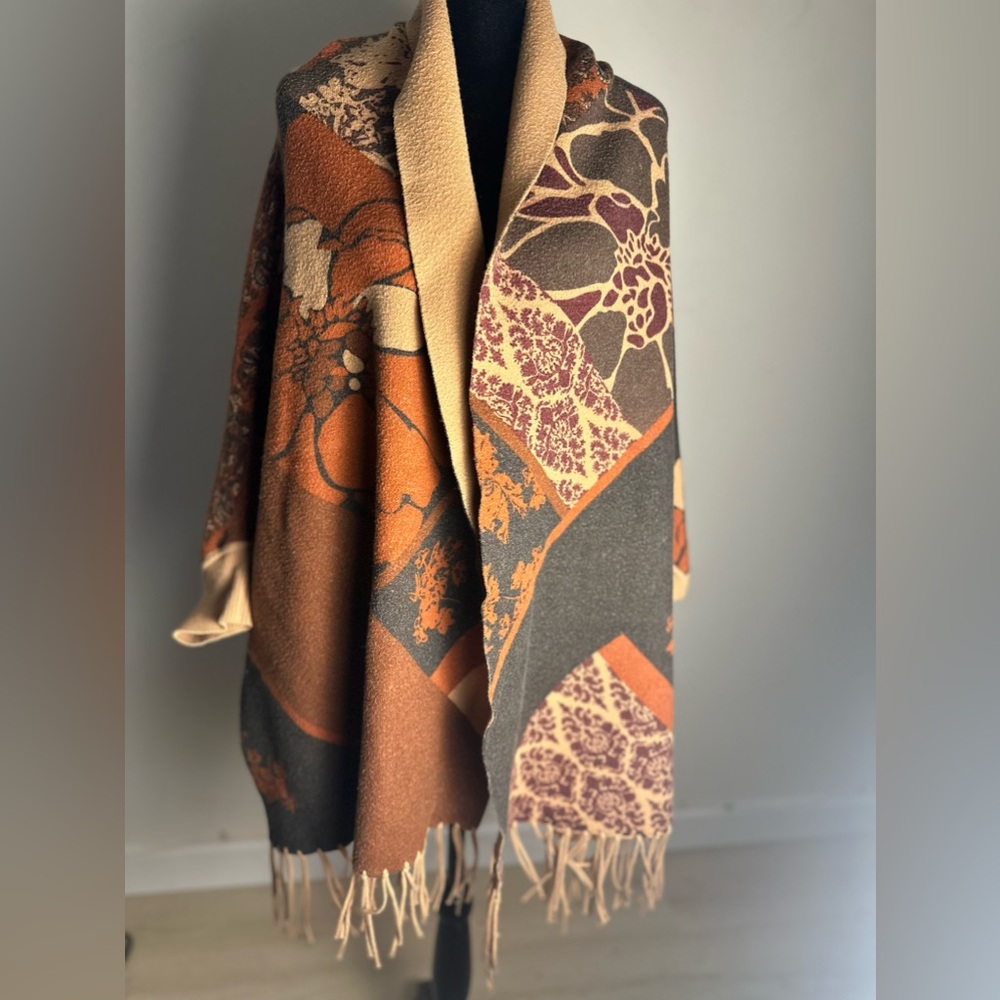 Pretty Persuasions Brown Rust Tan Cuffed & Fringed Sweater Wrap Shawl Women’s OS